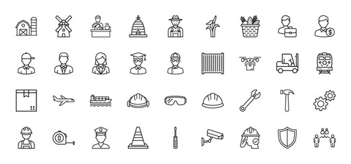 Professions, industry, and logistics line icon set. Vector pictograms of farmer, chef, student, businessman, hardhat, tools, transport, security, and agricultural elements, thin linear illustration.