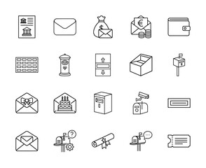 Mail and communication line icon set. Vector pictograms of envelopes, mailboxes, post boxes, documents, wallets, currency, cakes, tickets, and scrolls, thin linear illustration.