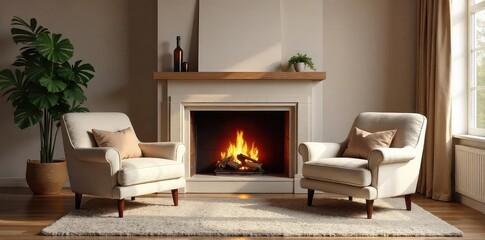 A cozy living room scene featuring a soft, plush pair of armchairs positioned symmetrically before a fireplace, creating a tranquil and inviting atmosphere for relaxation , texture, soft
