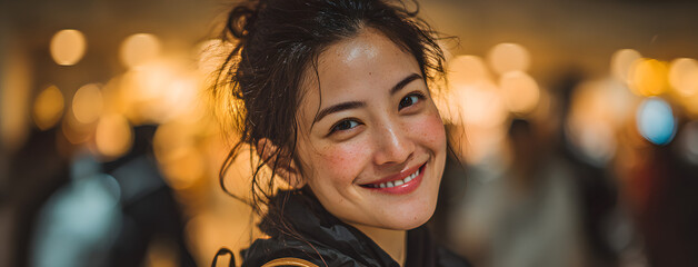 Fototapeta premium Banner Portrait Asian women happiness smiling laugh happy person look at camera. Banner Beautiful happy girl portrait joy cheerful. Confidence females candid shot woman smile face with copy space