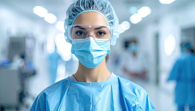 Female Medical Professional in Sterile Blue Scrubs and Face Mask Stands in a Brightly Lit Hospital Corridor Wearing Safety Goggles Focused Forward - Powered by Adobe