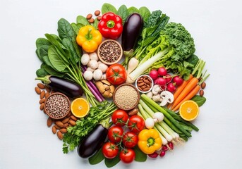 Top-down photograph of assorted organic unprocessed foods arranged in a circular pattern, showcasing textures, colors, and shapes in vibrant natural lighting