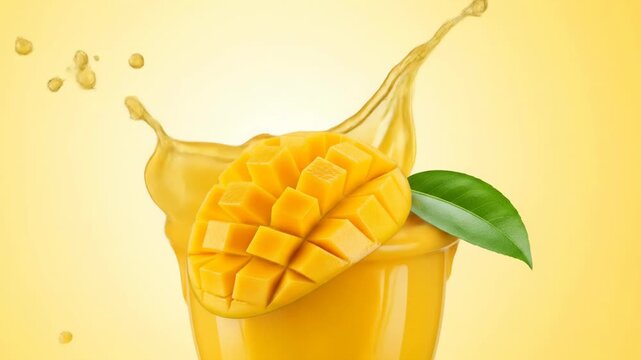 A vibrant image of a diced mango half in a splash of juice, with a green leaf against a sunny yellow background