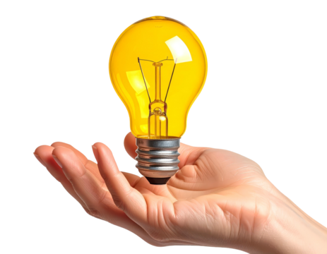 A hand, palm up, cradling a bright yellow light bulb against a black backdrop