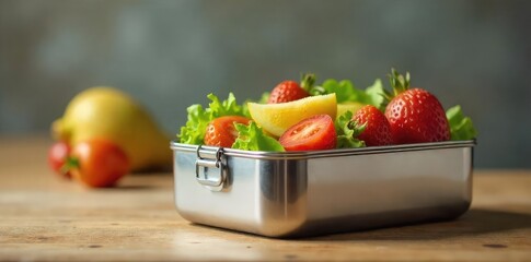 A sleek, stainless steel lunchbox with a secure latch, perfect for carrying sandwiches, salads, and snacks Ideal for work, school, or picnics; durable and easy to clean , vegetable, dinner