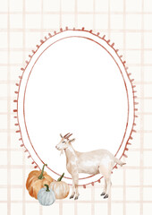 Watercolor Template Frame with chekered background, pumpkins and goat. Cozy autumn design. Whimsical vintage element in cottagecore style for invitation, social media and posters.