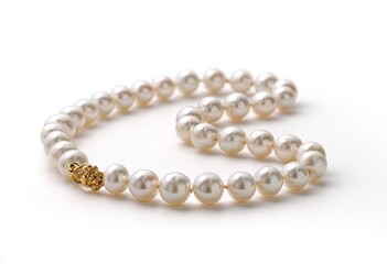 Elegant string of luminous white pearls, gold clasp, curved on a plain, light background