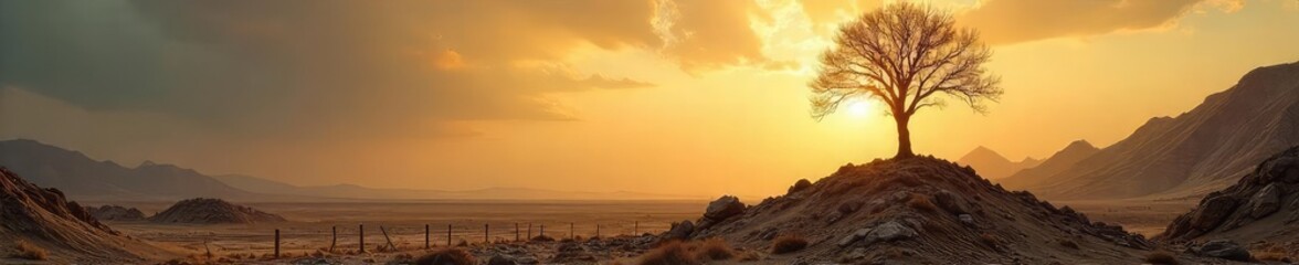 A desolate landscape with a single, skeletal tree rising from a freshly turned grave, sunlight illuminating dust motes in the air, suggesting a rebirth amidst decay , spiritual, hell