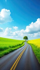 Serene countryside road winding through lush green fields under a vibrant blue sky Perfect for travel, nature, and landscape projects , driving, adventure