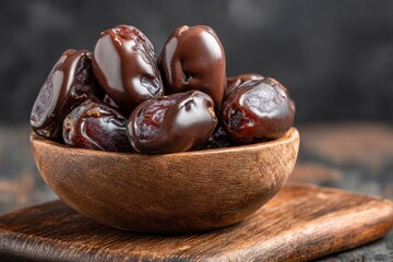 Obraz premium A rustic wooden bowl overflows with plump, luscious dark brown dried fruits, showcasing their natural glossy texture and rich, sweet appearance. These wholesome and nutritious delights are artfully ar