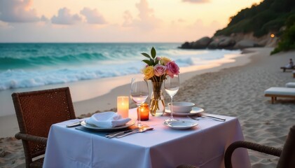Romantic beach dinner setting with flowers and candles beside turquoise ocean waves at sunset