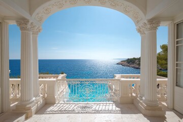 Obraz premium A breathtaking panorama of sparkling blue ocean under a clear sky, framed by an elegant classical archway and ornate white architectural details. This luxurious balcony, featuring grand fluted columns