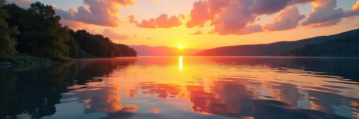 Serene summer lake scene at golden hour Calm water reflects the vibrant sunset sky Perfect for travel, nature, and relaxation themes , reflection, fresh, landscape