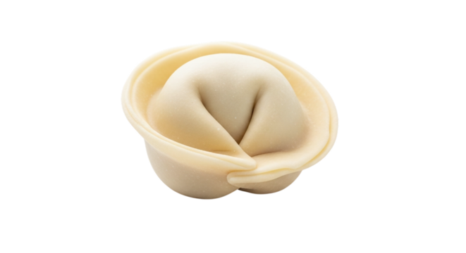 A single uncooked tortellini pasta dumpling isolated on a black background
