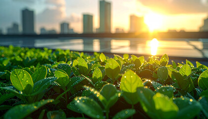 Urban Oasis: Sunlit green leaves thrive against a cityscape backdrop. An urban garden flourishes in the heart of the city, symbolizing harmony and hope. 