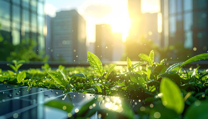 Green Harmony in the City: A close-up shot of vibrant green plants thriving against the backdrop of a modern city, reflecting a harmonious blend of nature and architecture.