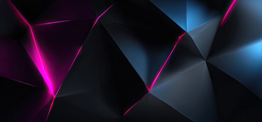 Abstract geometric artwork featuring angular shapes, highlighted by vibrant pink and blue neon lines
