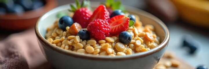 A steaming bowl of wholesome barley breakfast cereal, topped with fresh berries and nuts, ready to be enjoyed Perfect for a healthy and nutritious start to the day , barley flakes, vitality