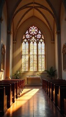 Serene church interior bathed in sunlight, highlighting stained glass and peaceful ambiance Perfect for themes of faith, spirituality, hope, and worship , inner peace, prayer, design