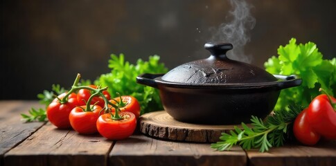 A rustic cast iron cooker sits on a worn wooden table, surrounded by fresh vegetables and herbs, ready for a hearty meal  Warm lighting enhances the scene's inviting atmosphere ,  herbs,  domestic