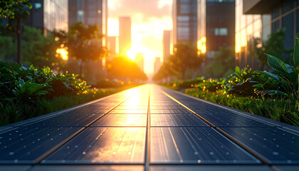 Solar Panels and Cityscape: A vibrant cityscape, bathed in the warmth of the sun, reveals an innovative intersection of renewable energy and urban development, emphasizing a sustainable future.