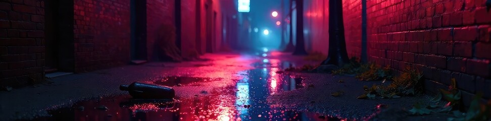 Rain-slicked alleyway, neon glow reflecting on a discarded object, suggesting a recent violent crime Shadows obscure details, creating a sense of mystery and unease , night, lights, ominous