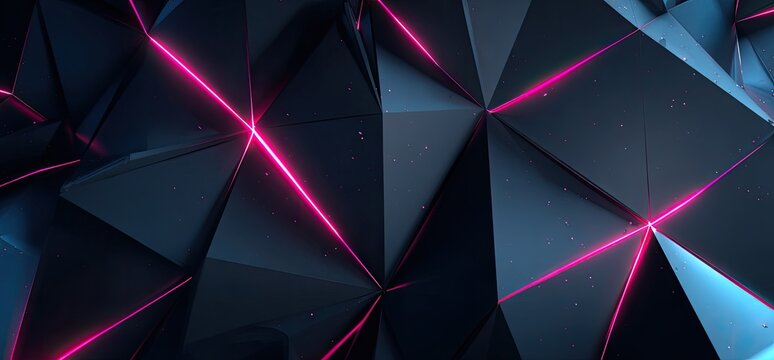 Abstract geometric digital art of 3D triangles in shades of gray with vibrant pink neon lines - Powered by Adobe