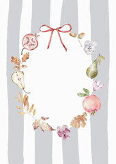 Watercolor Template Frame with stripes background, flowers and pomegranate.  Cozy autumn design. Whimsical vintage element in cottagecore style for invitation, social media and posters.