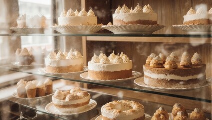 Delicious cakes displayed in a glass cabinet, ready to be enjoyed.