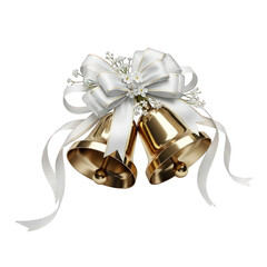Golden wedding bells with ribbon on transparent background