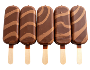 Five chocolate-covered ice cream bars with caramel swirl, presented on sticks