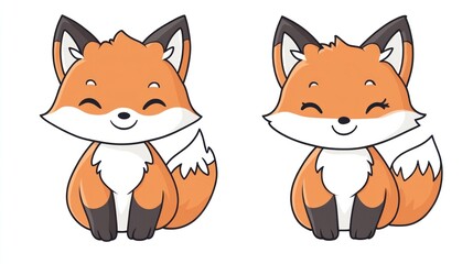 Obraz premium Two cartoon foxes sit side by side against a plain white background