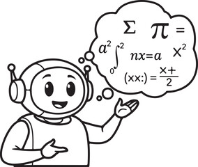 Cartoon Robot Thinking About Mathematical Equations and Formulas Showing Problem Solving Skills and Education Concept