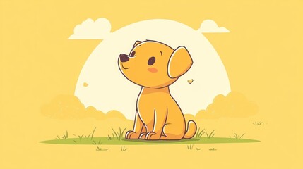 Yellow cartoon dog sits on green grass with a sunny sky for use as children's book