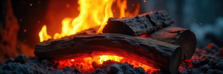 Close-up of vibrant orange and yellow flames licking at a stack of seasoned firewood, creating a warm and inviting glow Perfect for winter, cozy, and nature themes , firewood, bonfire