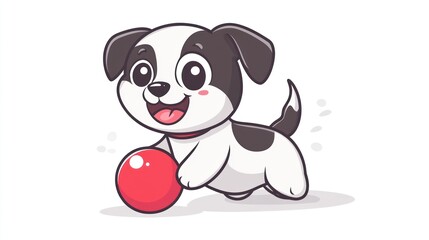 Cartoon puppy playing with a red ball on a plain background for children's book