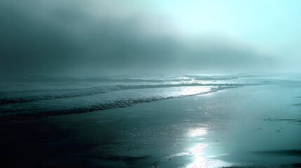 Foggy beach with gentle waves and shimmering sand at sunrise.