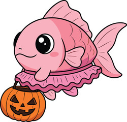 Cute pink fish in tutu holding jack-o’-lantern bucket, whimsical Halloween cartoon character design, festive aquatic artwork, creative vector illustration, cad drawing flat vector illustration