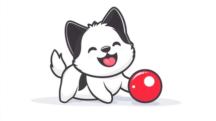 Smiling cartoon puppy playing with red ball on white background, for children books