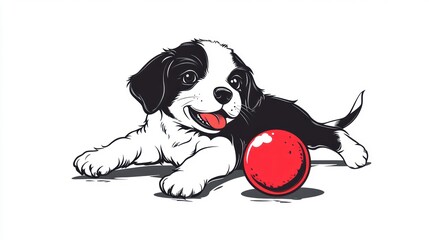 Puppy lays with red ball on plain background for pet, product and card designs