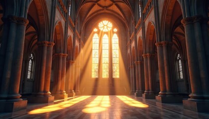 Sun-drenched cathedral interior, stained glass illuminating dust motes, conveying serenity and spiritual architectural design , peaceful, awe