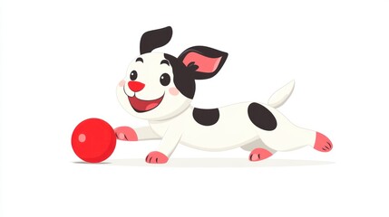 Happy cartoon puppy runs on white chasing a red ball; for kids' projects