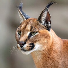 Obraz premium Close-up portrait of a feline with distinctive ear tufts, captured outdoors, in natural light