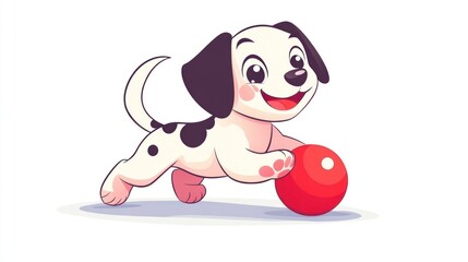 Spotted puppy playing with a red ball on a white background, for pet ads and kids' content