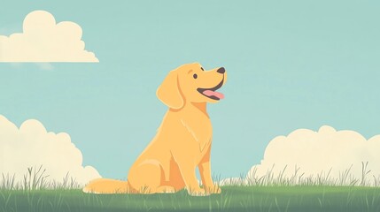Golden retriever sits happily in grassy field with cloudy blue sky background