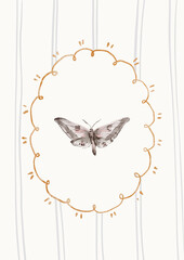 Watercolor background with moth. Cozy autumn design. Whimsical vintage element in cottagecore style for invitation, social media and posters.