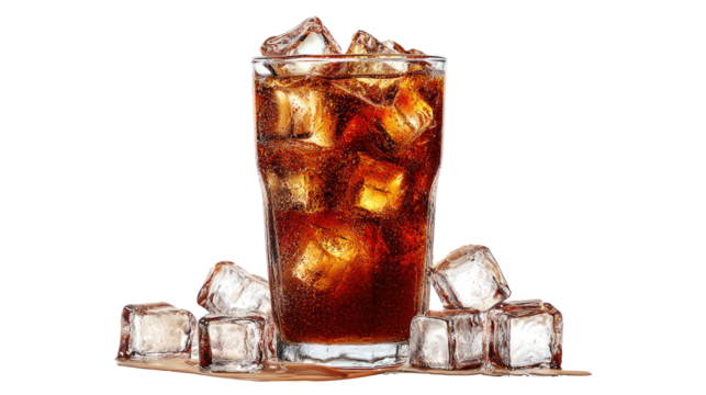 Chilled glass of cola filled with ice cubes and fizzy bubbles showing refreshing cold beverage and sweet carbonated drink isolated on white background
