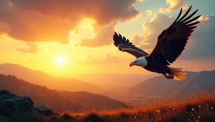 A majestic eagle soaring high above a vast, open landscape, symbolizing unconstrained liberty and the boundless spirit of freedom The sun sets, casting a golden glow on the scene , horizon, freedom