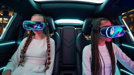 Two girls use vr headset inside car. Each girl is child and friend enjoying virtual entertainment. Scene highlights technology and futuristic driving interior. Neon lighting reflects through window. - Powered by Adobe