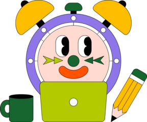 Quirky cartoon clock character working on laptop with coffee and pencil for creative time management